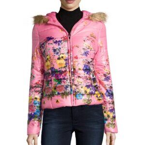 John + Jenn Floral Puffer Fur Trim Jacket Pink Size Large NWT